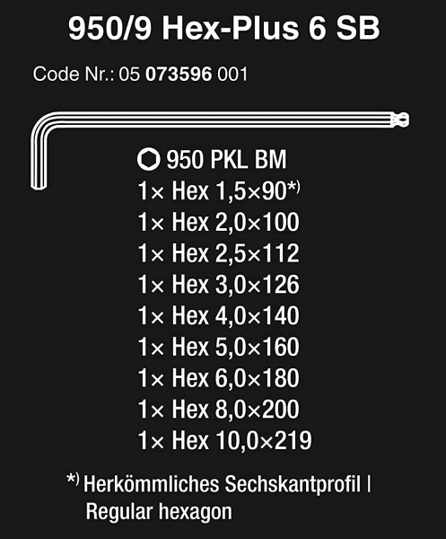 Wera 950 Pkl/9 Bm N L-Key Set, Metric, Blacklaser 950 Pkl Bm 1 X 1,5X90; 1 X 2,0X100; 1 X 2,5X112; 1