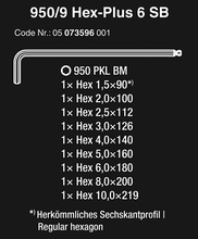 Wera 950 Pkl/9 Bm N L-Key Set, Metric, Blacklaser 950 Pkl Bm 1 X 1,5X90; 1 X 2,0X100; 1 X 2,5X112; 1