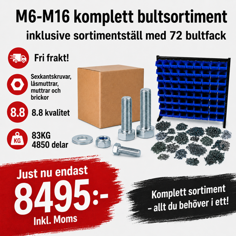 M6-M16 Bultsortiment 83KG 4850 delar Hel/delgängat inklusive sortimentställ 72 fack