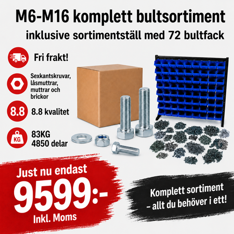 M6-M16 Bultsortiment ca. 90KG 4850 delar Hel/delgängat inklusive sortimentställ 72 fack