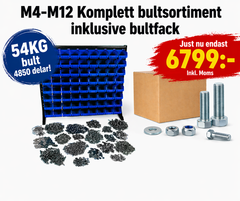 M4-M12 Bultsortiment Hel/delgängat 4850 delar 54KG inklusive sortimentställ 36 fack