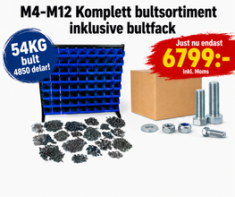 M4-M12 Bultsortiment Hel/delgängat 4850 delar 54KG inklusive sortimentställ 36 fack