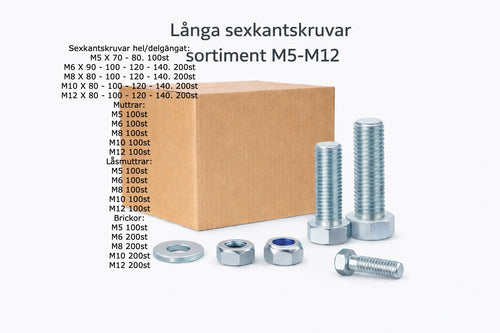 Långa sexkantskruvar 8.8 hel/delgängat medium sortiment inklusive muttrar och brickor komplett