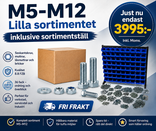 M5-M12 Lilla sortimentet Hel/delgängat 8.8 inklusive sortimentställ 36 bultfack