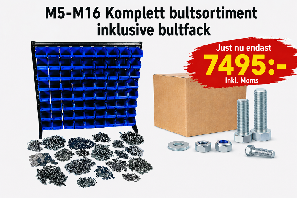 M5-M16 Komplett bultsortiment inklusive bultfack 36 delar Hel/ Delgängat